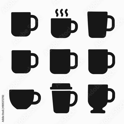 Set of nine stylish black coffee mug silhouettes in various shapes