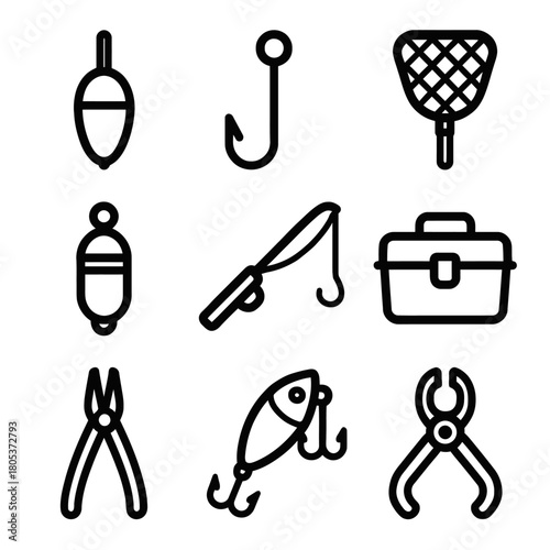 Fishing gear icons: hooks, bobbers, tackle box, and tools collection