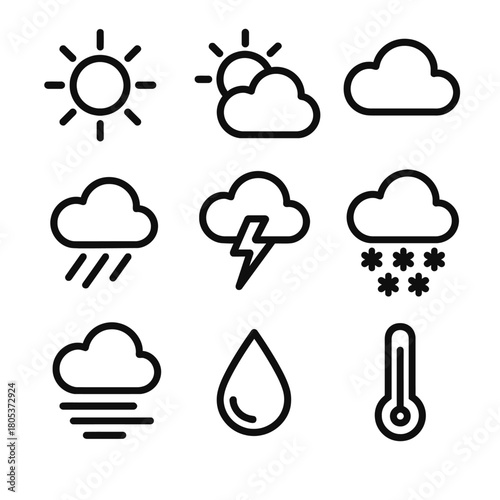 Weather icons set: sun, clouds, rain, thunder, snow, fog, drop, thermometer
