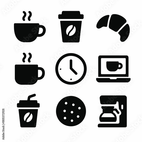 Coffee icons set: cups, croissant, clock, laptop, cookie, coffee maker