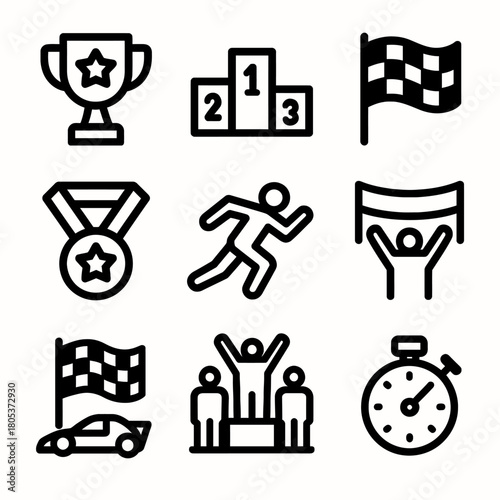 Set of racing and sports icons: trophy, podium, medal, runner, finish line, stopwatch