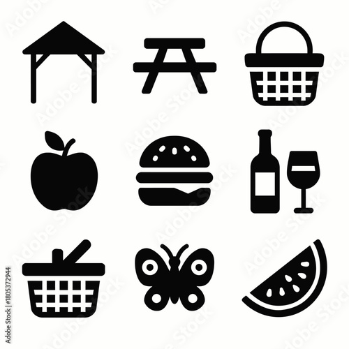 Picnic icons: shelter, basket, apple, burger, bottle, butterfly, watermelon