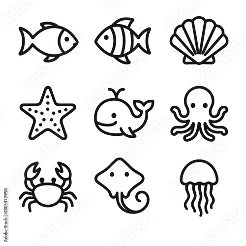 Outlined sea creatures collection: fish, shell, starfish, whale, octopus, crab, ray, jellyfish