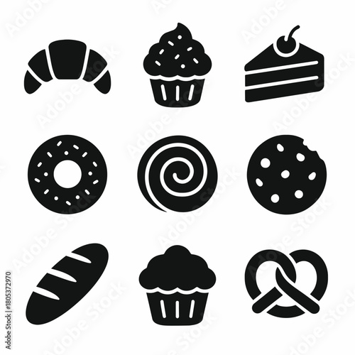 Assorted bakery icons: croissant, cupcake, cake, donut, roll, cookie, bread, pretzel