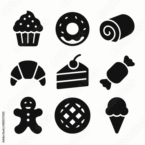Assorted dessert icons: cupcake, donut, roll, croissant, cake, candy, gingerbread, pie, ice cream