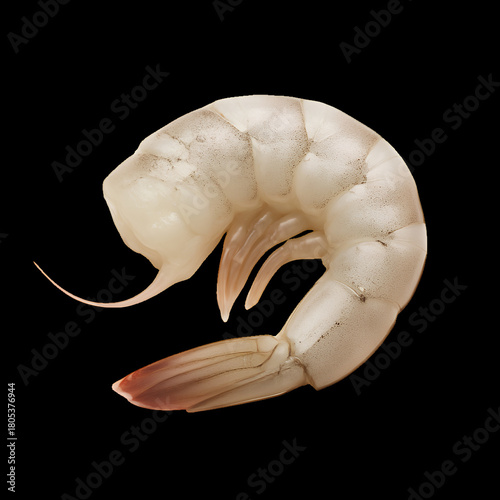 Single raw shrimp curled against a dark black background