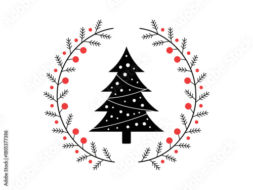 Christmas tree inside a wreath with red berries vector