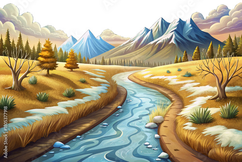 Dirt path traveling beside partially frozen river with frost-covered grass and distant mountains