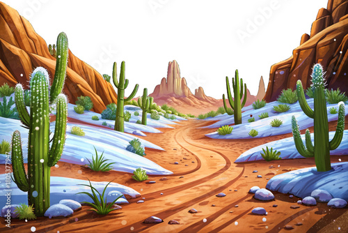Dry sandy trail in high altitude desert now covered by sudden snowfall, cactus dusted white
