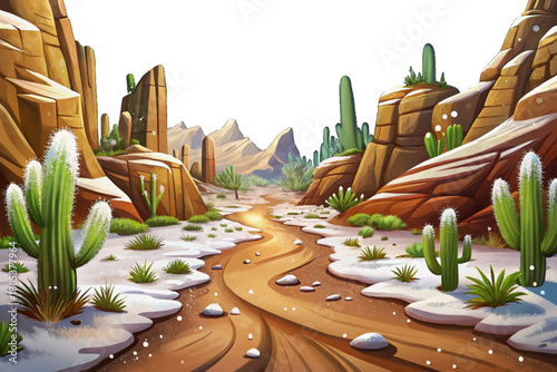 Dry sandy trail in high altitude desert now covered by sudden snowfall, cactus dusted white