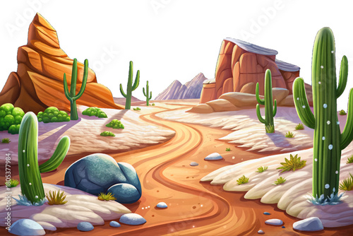 Dry sandy trail in high altitude desert now covered by sudden snowfall, cactus dusted white