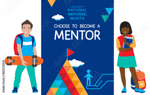 Schoolgirl dark skin and a schoolboy standing near National Mentor Month poster. Celebrating annual in January in US. Hand supports a person to climb up  the mountain, personal development symbol