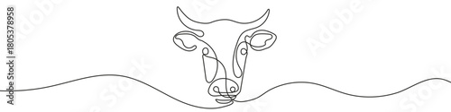 Cow head in one line art style. Drawing of a cow head, with editable black stroke on a white background. Vector illustration.