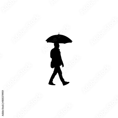 Lone figure with umbrella walks confidently through abstract space, seeking shelter and solitude