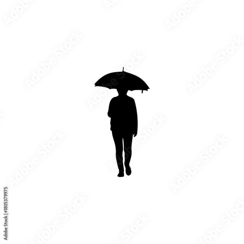 Solemn figure holding umbrella walks alone against stark white background, conveying solitude and reflection