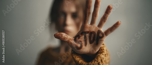 Defiant young woman holding her hand forward with the word STOP written across her palm, symbolizing resistance to gender-based violence and support for women's rights under the Istanbul Convention.