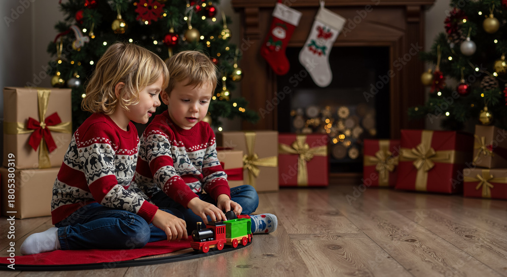 Fototapeta premium young children playing with toy train by christmas tree in cozy holiday living room