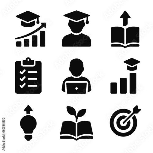 Education icons: growth chart, graduate, learning, checklist, student, target