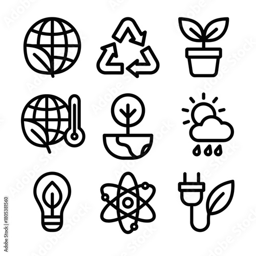 Eco icons: globe, recycling, plants, climate, energy, sustainability symbols
