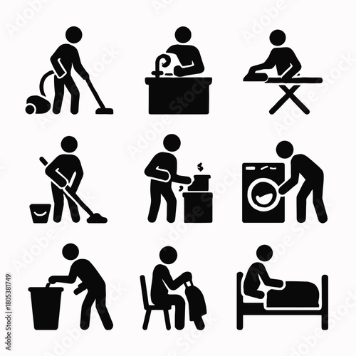 Stick figures demonstrating various household chores and domestic tasks