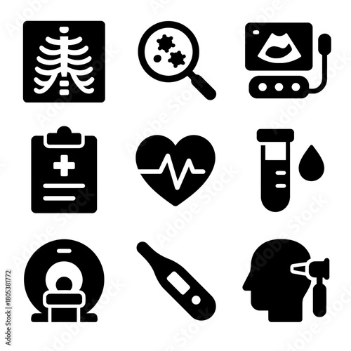 Medical icons: x-ray, ultrasound, heart monitor, and more in black and white