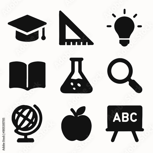 Education icon set: graduation, learning, and science symbols