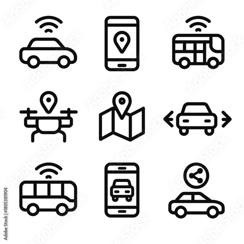 Smart mobility and transportation icons featuring cars, drones, and maps