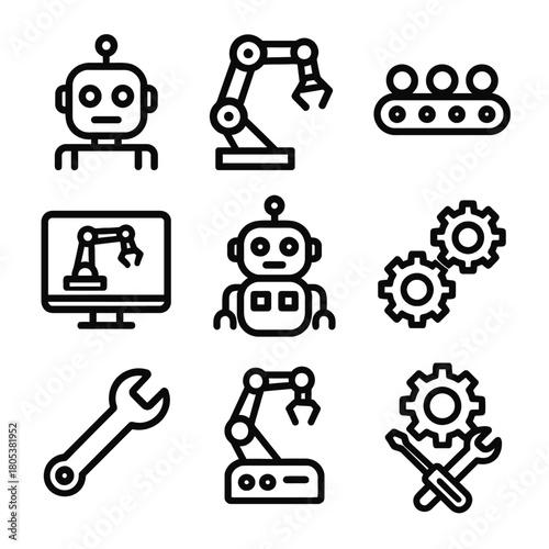 Robotics and automation icons: robots, gears, mechanical tools, and industrial arms