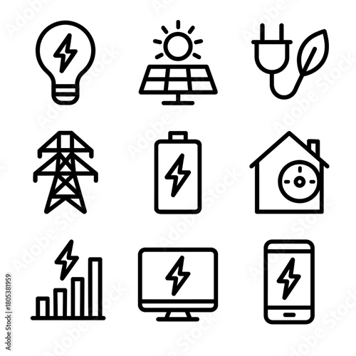 Sustainable energy icons: light bulb, solar panel, eco plug, power grid, battery, smart home, bar chart, computer, smartphone