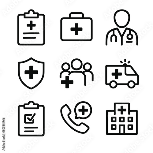 Medical icons set: healthcare, hospital, doctor, ambulance, emergency