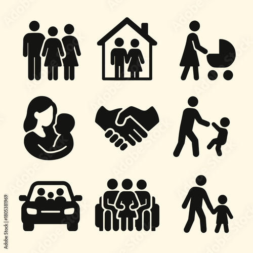 Family icons set featuring diverse relationships and activities
