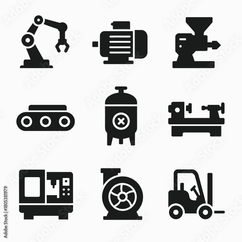 Industrial machinery icons set featuring conveyor, lathe, motor, and forklift