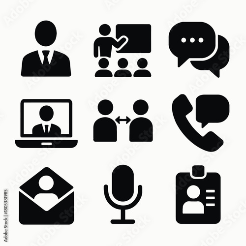 Business communication icons set: meeting, chat, video call, microphone, id badge, envelope