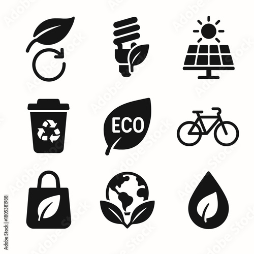 Eco-friendly icons set featuring recycling, solar energy, cycling, and reusable bags