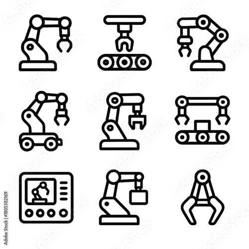 Industrial robotic arm icons set - automation and technology symbols