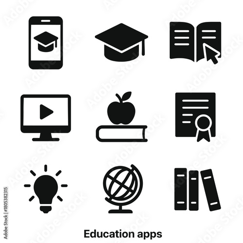 Educational app icons: graduation cap, online learning, certification, books, globe