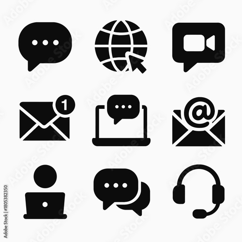 Communication icons: messaging, email, video calls, and internet symbols