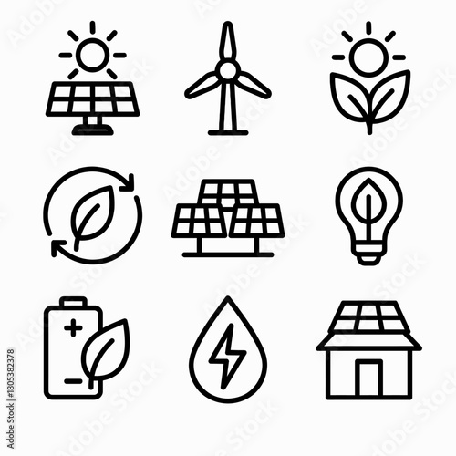 Sustainable energy icons: solar panels, wind turbine, eco-friendly symbols