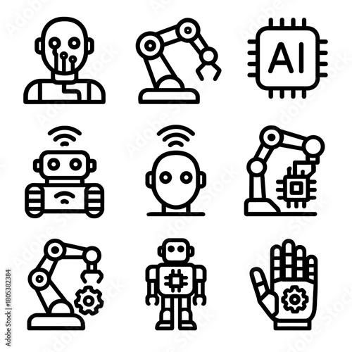 Set of nine line art icons featuring robots, ai, and robotic arms for technology design