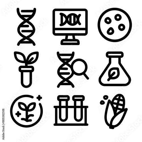 Genetic research and biotechnology icons set featuring dna, lab equipment, and plant science