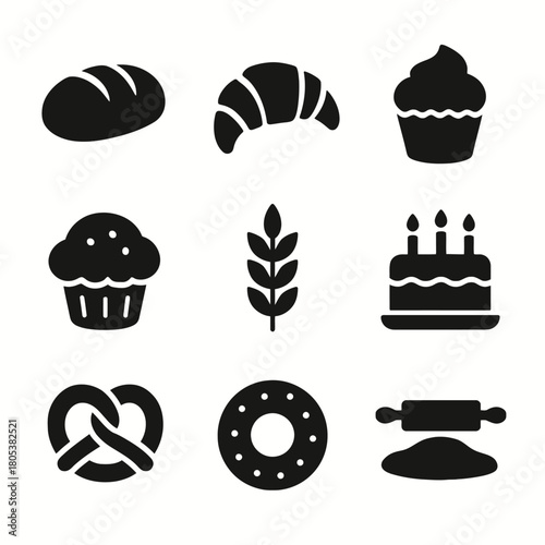 Bakery icons: bread, croissant, cupcake, muffin, wheat, cake, pretzel, bagel, rolling pin