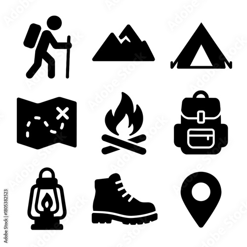 Outdoor adventure icons: hiking, camping, navigation, and gear