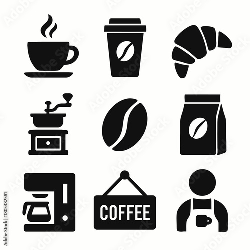 Coffee icons set: cups, beans, grinder, croissant, barista sign
