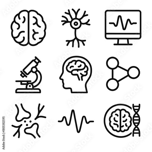 Brain and neuroscience icons: neuron, eeg, microscope, synapse, dna