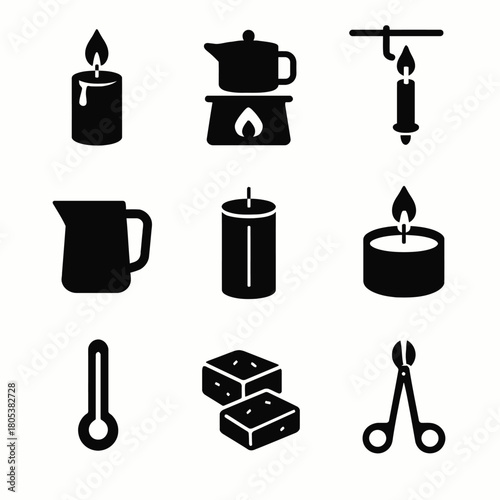 Collection of candle and heat icons featuring various tools and accessories