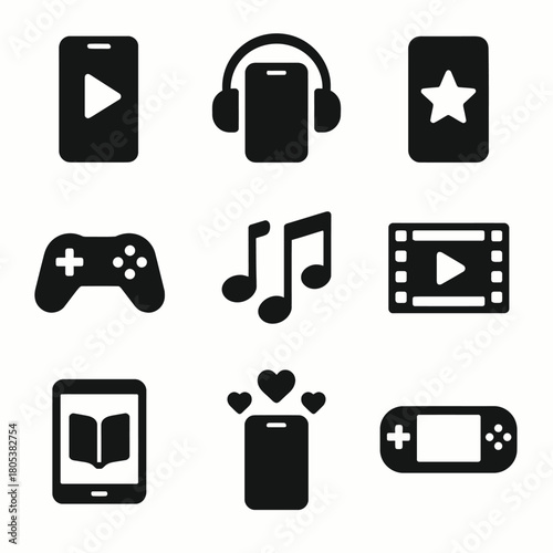 Black multimedia icons: smartphone, headphones, music note, video, game controller