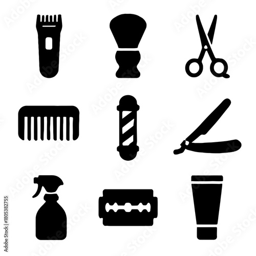 Barber tools icons set: clippers, scissors, comb, razor, brush, and more