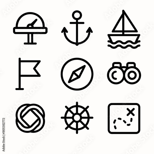 Set of nautical icons featuring anchor, compass, and sailing boat designs