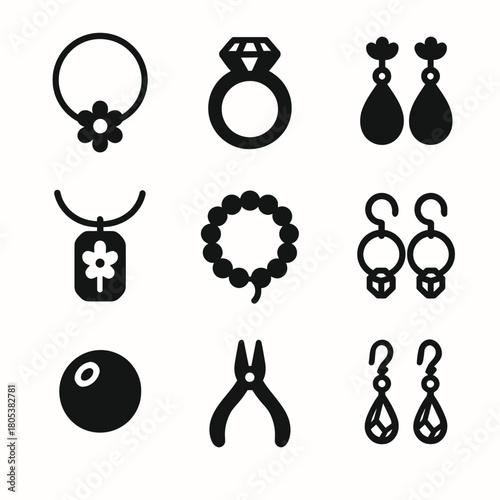 Silhouette jewelry icons: rings, earrings, necklace, tools for fashion and crafts