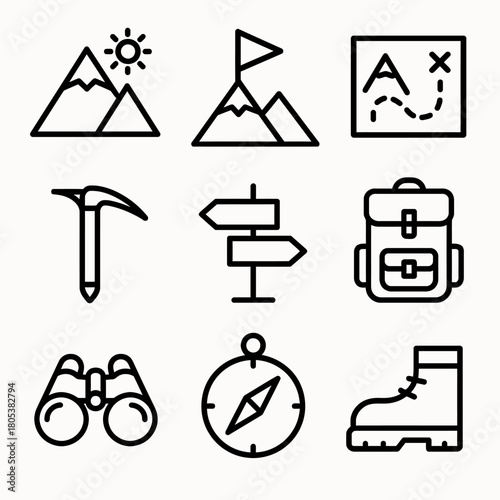 Outdoor adventure icons set: mountains, map, gear, compass, backpack, hiking essentials